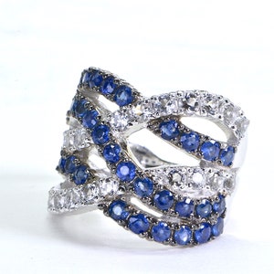 Sapphire Crossover Ring Wide Band Ring Massive Ring Gift For Sister Gift For Mom Blue White Ring Sterling Silver Gemstone Ring Multi Color