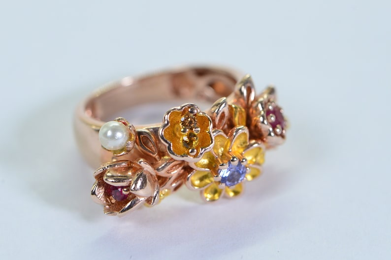 Multi Gemstone Flower Ring: Ruby, Tanzanite, Pearl, Rose Gold Vermeil, Size 6 image 1