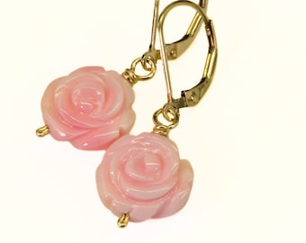 14K Gold Queen conch pink Carved Rose drop Earrings Flower Shell Earrings Gold Wire Wrapped Gemstone Pink Earrings