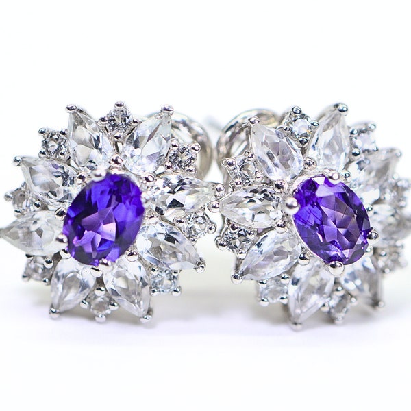 Vintage Elegance Genuine Amethyst and White Topaz Flower Design Earrings