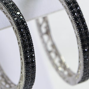 Simulated Black Diamond Lace Hoop Earrings Circle Black Earrings Multi Stone Sparkly Silver Rhodium  Solid