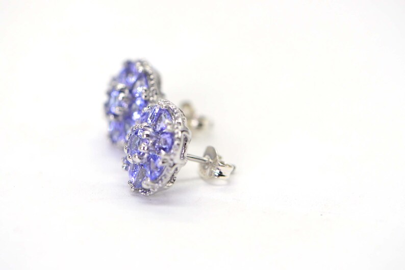 Genuine Tanzanite Flower Stud Earrings Trillion Cut Cluster Post Earrings Sterling Silver Birthstone December