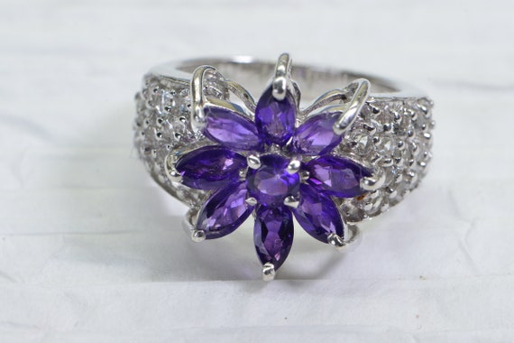 Natural Purple Amethyst Cluster Flower Ring In 14… - image 3