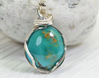 Kingman Turquoise Wire Wrapped Pendant Natural Turquoise  on Sterling silver Sculpture Wire Wirework Jewelry