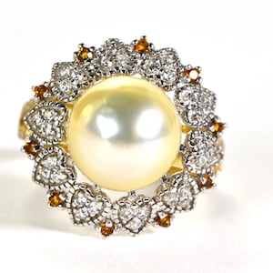 11mm Genuine South Sea Golden Pearl Ring 14K Yellow Gold Over Sterling Silver Flower Design Ring with Big Pearl Multi Stone Diamond Accent
