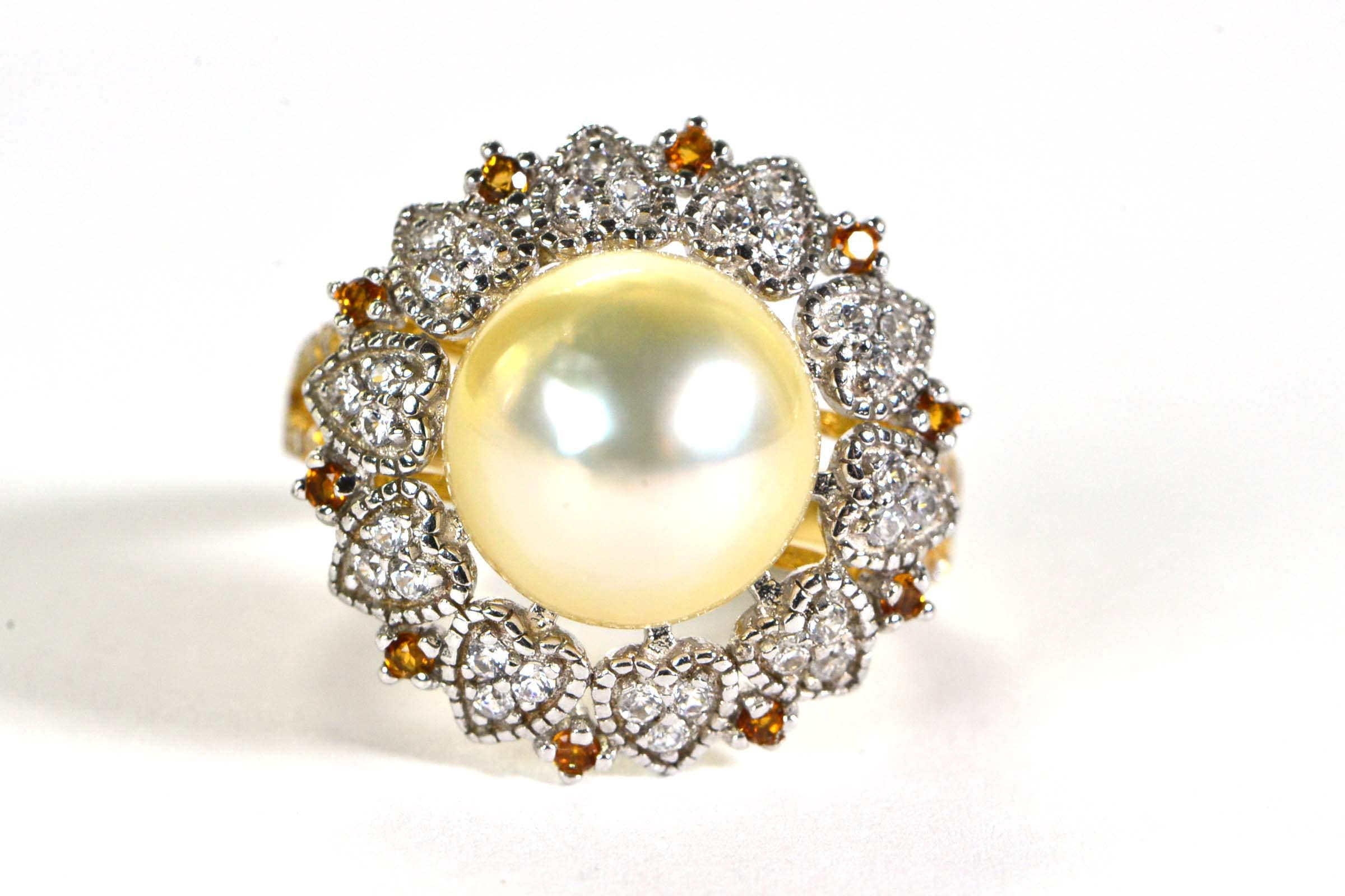 11mm South Sea Golden Pearl Ring: 14K Yellow Gold Vermeil, CZ & Topaz