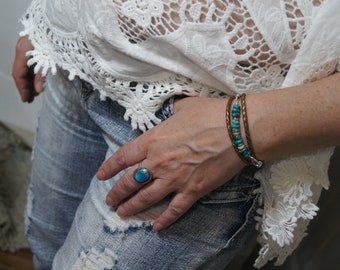 Kingman Turquoise Oyster Shell Leather Wrap Bracelet, Boho Jewelry