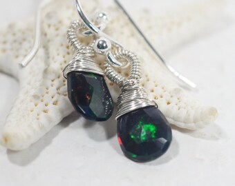 Ethiopian Black Opal Drop Earrings Tiny Earrings Sterling Silver Wire Birthstone October