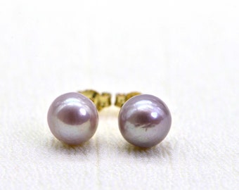 14K Solid Gold Light Purple Pearl Stud Earrings  Japanese Akoya Cultured Pearls Mauve Pearl 9mm Post Gift For Sister, Gift For Mother