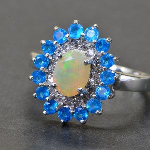 Neon Blue Apatite And Opal Halo Diamond Ring  Sterling Silver ,October Birthstone Double Halo Style