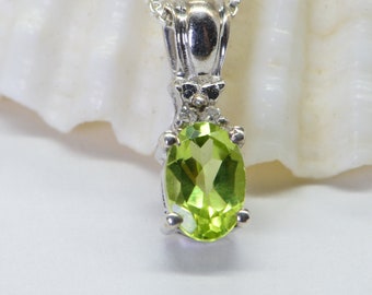 Extra small Natural Peridot and Diamond Pendant Oval Style Sterling Silver   Birthstone Jewelry