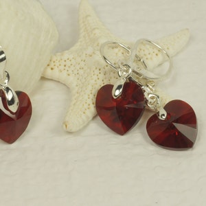 Valentine's Gift Red Crystal Heart Pendant Earrings Set Swarowski Crystal Jewelry Sterlling Silver jewelry