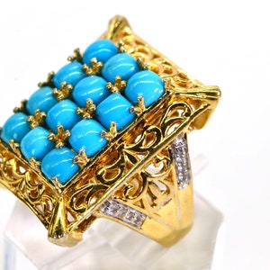 14K Gold Arizona Sleeping Beauty Turquoise Wide Band Ring Diamond Vintage Estate Rings Size 5 US, Rectangle Massive Ring, Tree Rows Ring