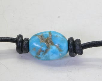 Raw Arizona Turquoise Nugget Necklace: Kingman Blue Stone, Leather Cord