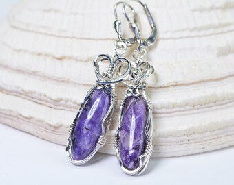 Natural Russian Charoite Earrings Wire Wrapped Sterling Silver Marquise Gemstone Earrings Purple Stone Earrings Christmas Gift For Mother