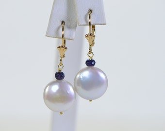 Sapphire and Pearl Dangle Earrings Coin AA Pearl 14 mm 14K Gold over  Sterling silver Wire Wrapped Birthstone September Women Gift Earrings