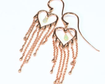 14K Rose Gold Vermeil Earrings Heart With Tassel Chain Dramatic Long Earrings Ethiopian Opal Inner Dangle Drop