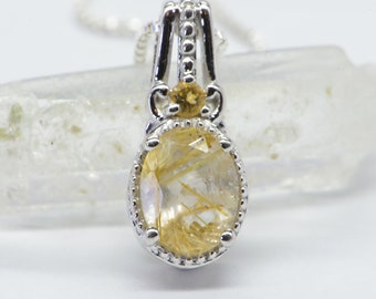 Golden Rutilated Quartz and Citrine  Sterling Silver  Pendant Necklace Extra Small Pendant