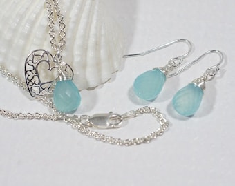 Aqua Blue Chalcedony  Set Jewelry Pendant and Earrings Gemstone Jewelry