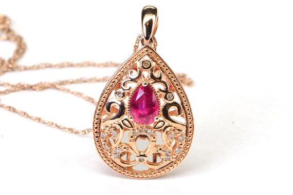 Natural Ruby and Diamond Rose Gold Necklace Penda… - image 1