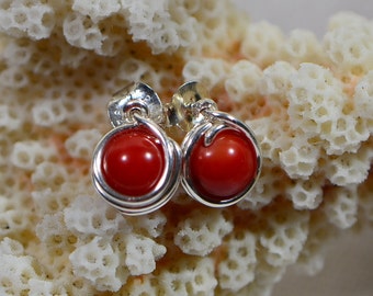 Red Coral Stud Earrings Natural Stone Earrings