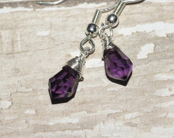 Crystal Purple Earrings Briolette Earrings Wire Wrapped Earrings, Amethyst Earrings, Small Earrings, Birthstone February