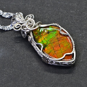 13ct Canadian Ammolite Pendant Wire Wrapped 14K Yellow Gold Filled Ammolite Necklace Fossil Jewelry