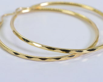 Pure 14K Yellow Gold Hoop Earrings For Women 45mm Round Circle Loop Simple Woman Textured Diamond Gold Hoop Earrings, Endless Hoops
