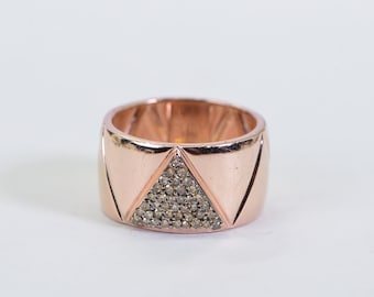 Rose Gold Band With Real Brown Diamond Man Ring Vermeil  Pave Triangle Band