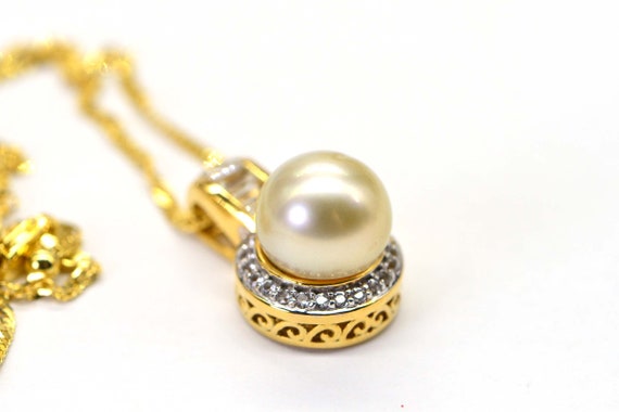 South Sea Golden Cultured Pearl Halo Diamond Verm… - image 1