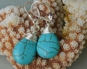 Sterling Silver Wire Wrap Turquoise Drop Earrings, Tibetan Turquoise Earrings. Wire wrapped Turquoise Earrings.