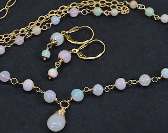 14K Gold Filled Ethiopian Opal Necklace and Earrings Set