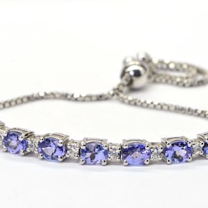 Tanzanite and  White Topaz Bracelet  Bolo Adjusted Bracelet in Platinum Over 925 Sterling Silver multi stone Gemstone Bracelet Birthstone