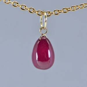 Natural Ruby Solid 14K Yellow Gold Wire wrap Handmade Raspberry Genuine Ruby Tiny Small Drop Pendant Birthstone for July