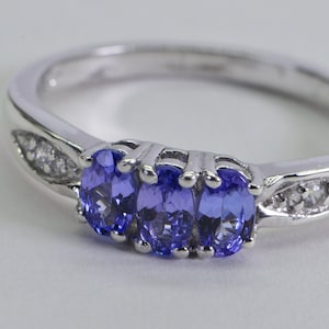 Real  Tanzanite Diamond Accent  Three Stone Ring 14K white Gold Over Sterling Silver Oval Cut Stone Women Ring  Birthstone December