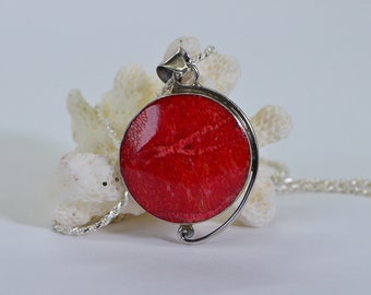 Bamboo Red Coral Circle Pendant  Necklace Sterling Silver Bezel set Round Shape Coral