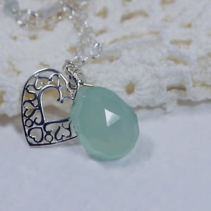 Chalcedony Natural Gemstone Pendant Silver Jewelry Heart Filigree Pendant Mothers Day Gift