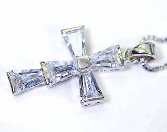 Baguette Diamond Large Cross Sterling Silver Fancy Religious Cross Pendant Necklace