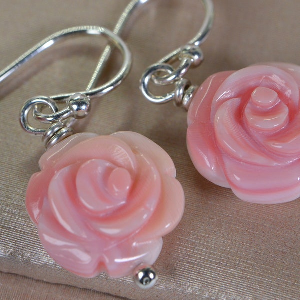 Queen conch pink Carved Rose drop Earrings Flower Shell Earrings Sterling Silver Wire Wrapped Gemstone Pink Earrings