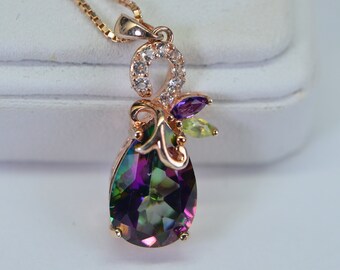 Mystic Topaz  Teardrop Pendant Multi Color Gemstone  Necklace 14K Rose Gold Vermeil Birthstone November Women Gift Idea