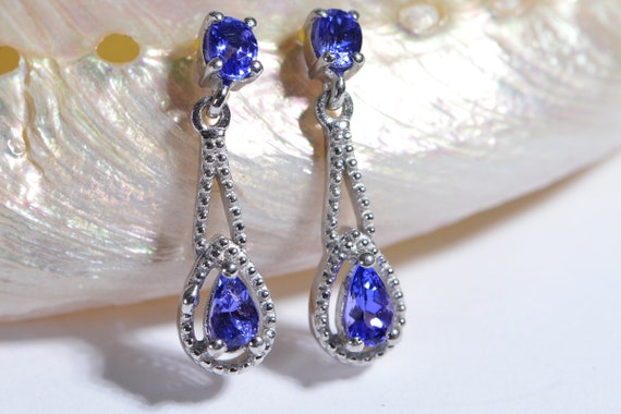 Natural Tanzanite Drop Stud Earrings Sterling Sil