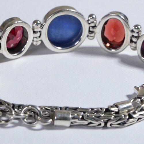 Rhodolite Garnet Blue Kyanite Multi shops stone Bracelet Byzantine Chain Bezel Setting Sterling Silver