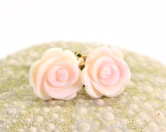 Queen Conch Pink Shell Carved Rose Stud Earrings 14k Gold Over Sterling silver Vermeil Pink Floral Post