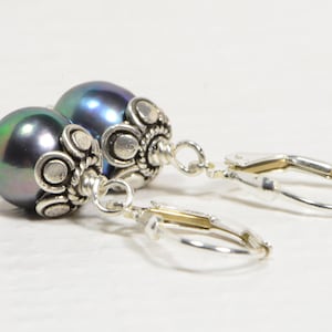 Natural Black Pearl Earrings 9mm  Sterling Silver 925, High Luster Peacock Color