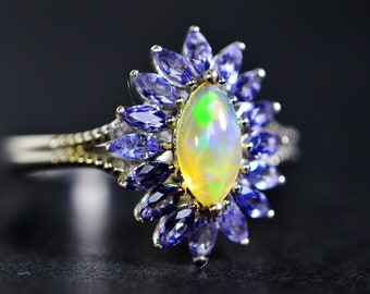 Ethiopian Welo Opal Tanzanite Halo Style Marquise Ring Sterling silver Statement Gemstone Ring Gift For Women, Anniversary Gift For Wife