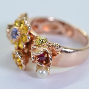 Multi Gemstone Flower Ring: Ruby, Tanzanite, Pearl, Rose Gold Vermeil, Size 6 image 7