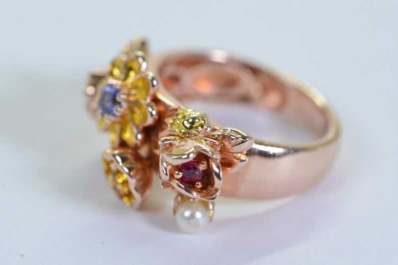 Multi Gemstone Flower Ring: Ruby, Tanzanite, Pearl, Rose Gold Vermeil, Size 6 image 7