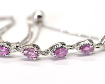 Natural Pink Sapphire  Sterling Silver Bolo Bracelet Link Chain Gemstone teardrop  Bracelet Birthstone July Bracelet