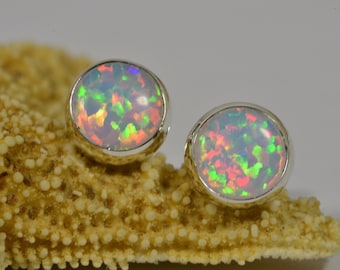 Sterling Silver Lab Opal Stud Earrings: Minimalist Post Earrings