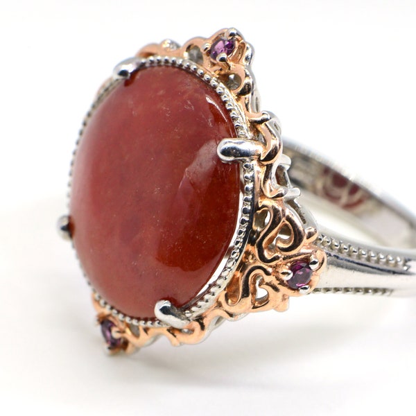 Red Jade Coattail Ring Multi Stone Two Metal Silver and Rose gold